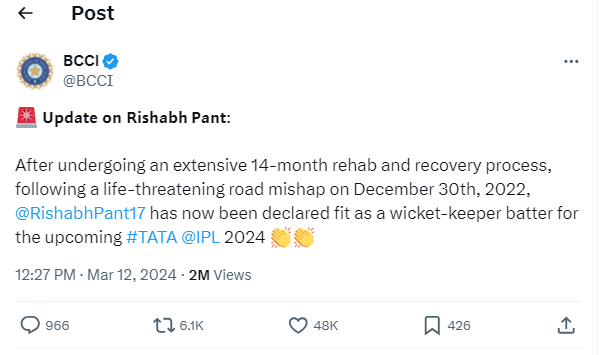 Rishabh Pant Officially Declared Fit by BCCI